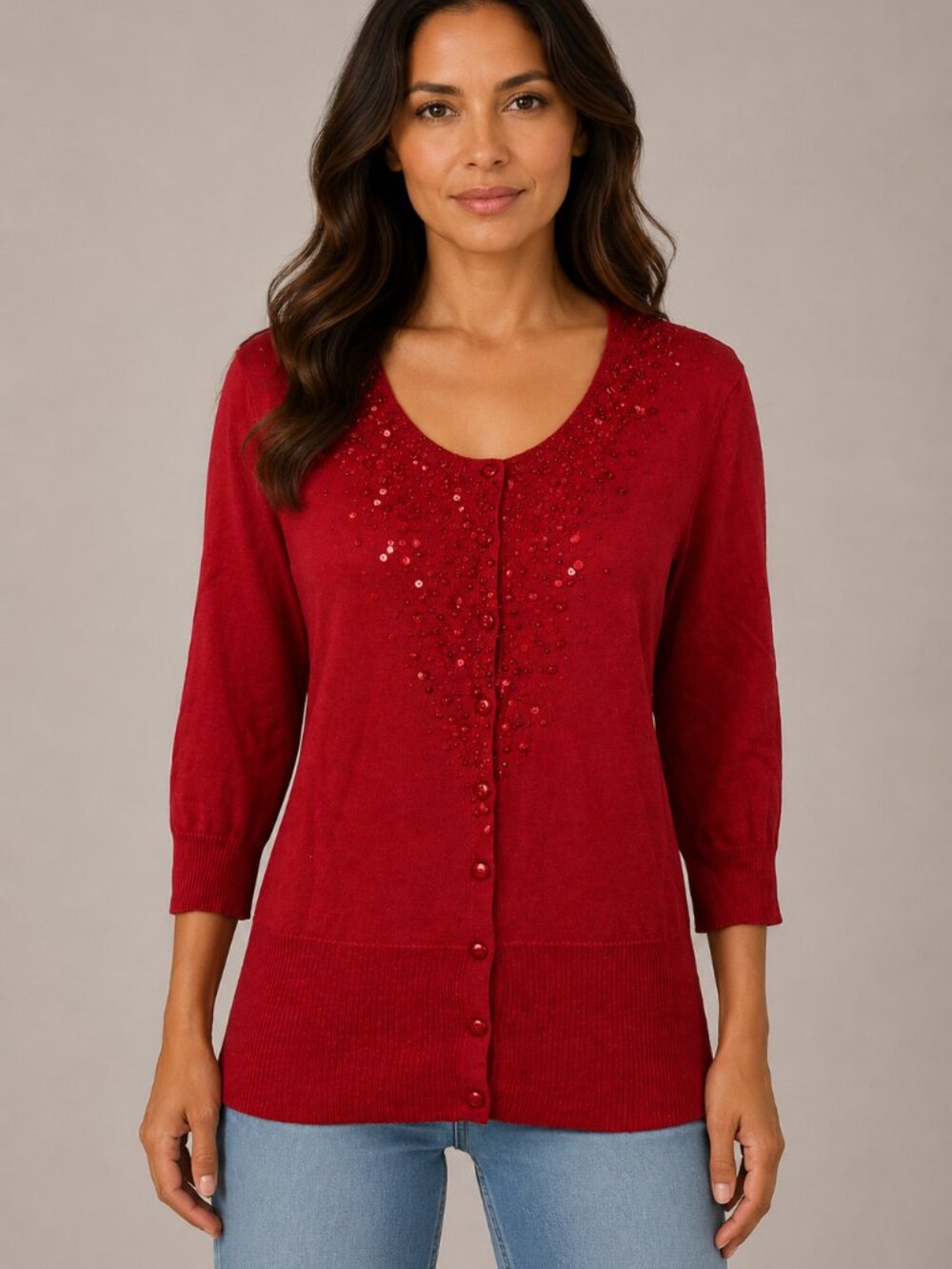 APT. 9 Red Sequin Embellished Button Front Cardigan Sweater Size M